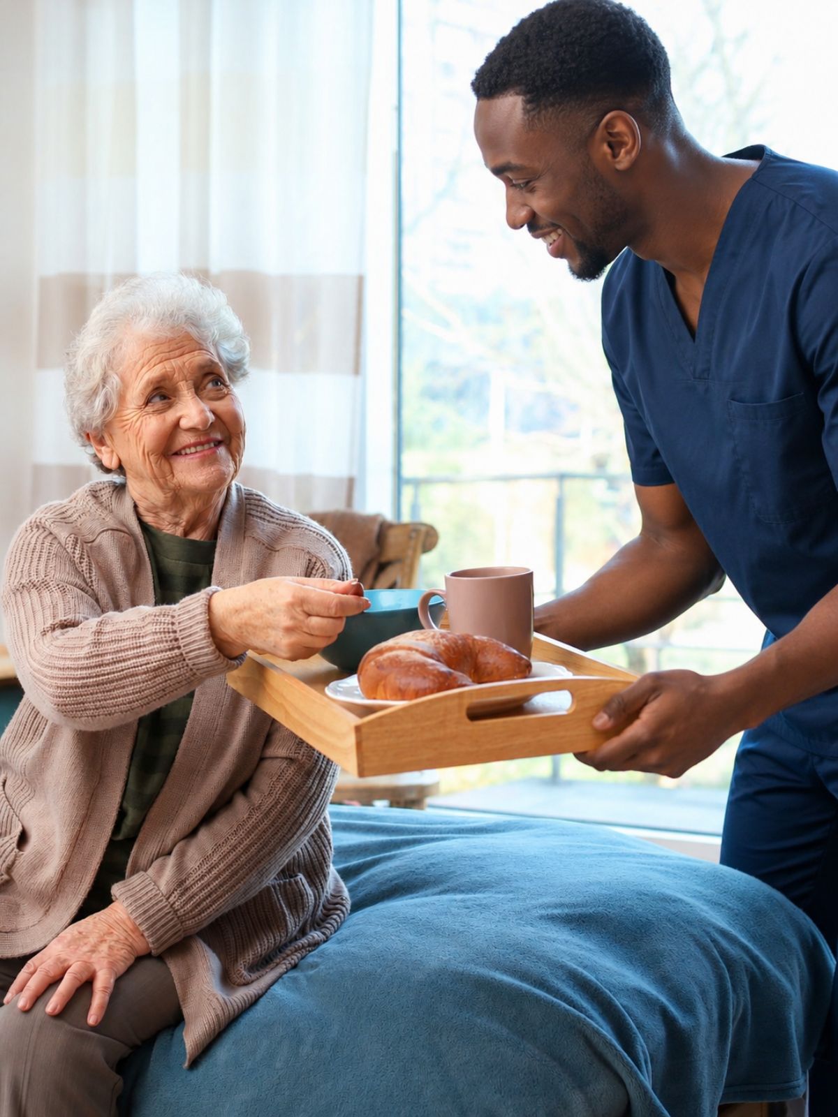 Friendly caregiver serving breakfast to an elderly woman at home