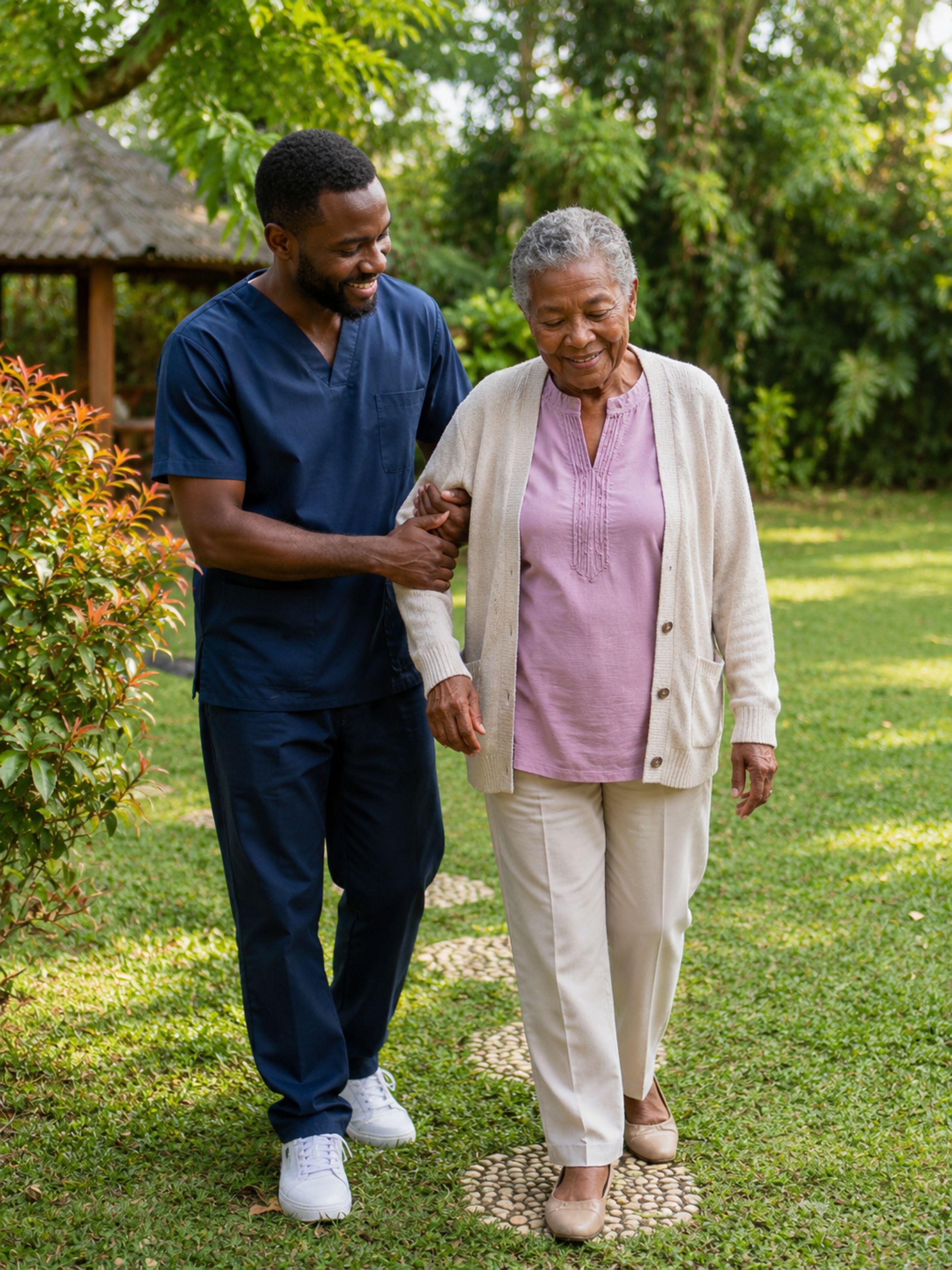 Home care worker assisting an elderly client with daily activities